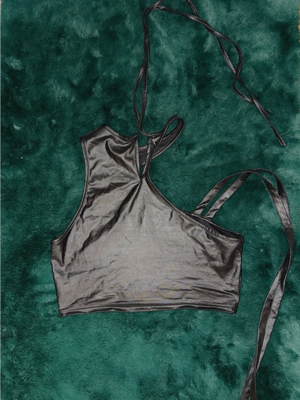 Asymmetric Black Satin Crop Top with Tie Straps